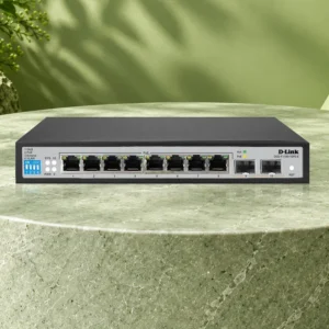 D-Link 10 Port Gigabit Smart Managed PoE+ Switch with 8 PoE+ ports and 2 SFP uplink slots. DGS-F1100-10PS-E