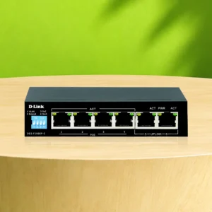 D-Link 6 Port Fast Ethernet PoE+ Switch with 4 PoE+ ports, 2 uplink ports, and 60W PoE. DES-F1006P-E