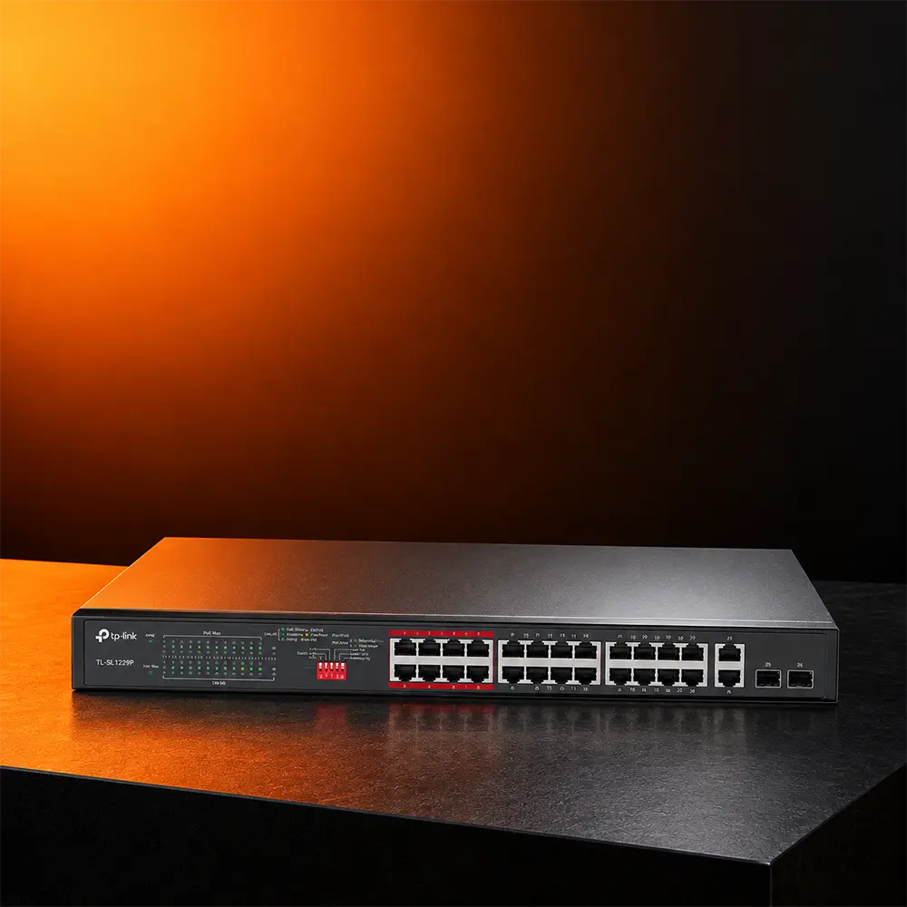 TP-Link 24-Port 10/100Mbps + 2-Port Gigabit Unmanaged PoE+ Switch. TL-SL1226P